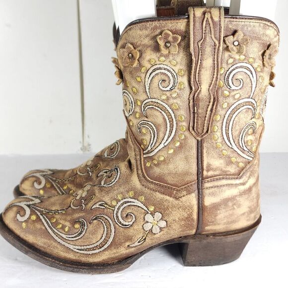 Dan Post Women’s US 6M Tan Leather Distressed Floral Embroidered Western Boots - Picture 2 of 13